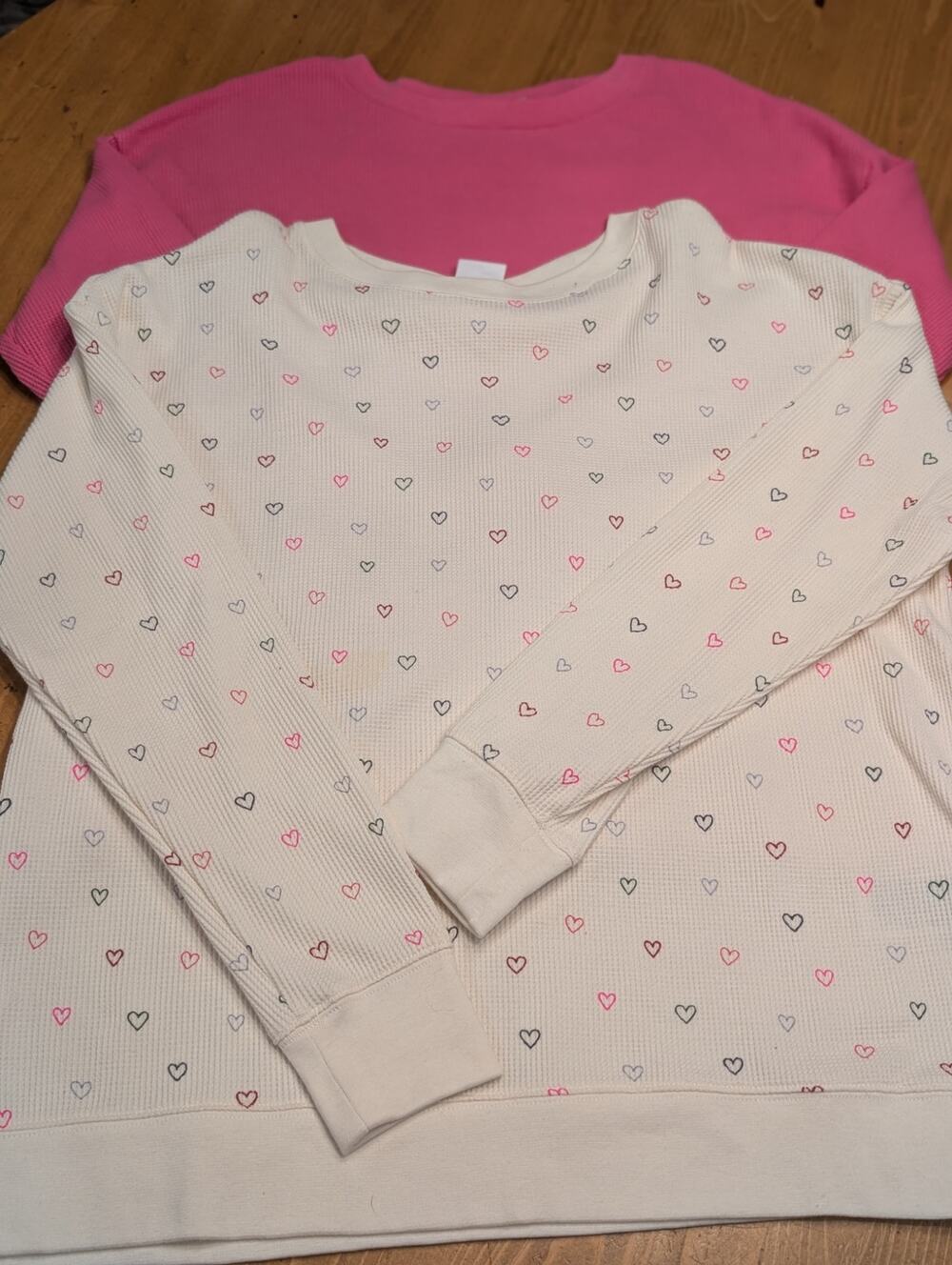 Gap L/S Waffle Crew Neck, Lot of 2, Hot Pink, Creamy White with Pink Hearts, XXL